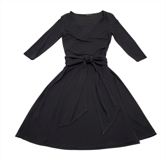 BCBGMaxAzria Dresses & Skirts - BCBGMaxAzria Black Faux Wrap Midi Dress M 3/4 Sleeve Tie Ruched Minimalist